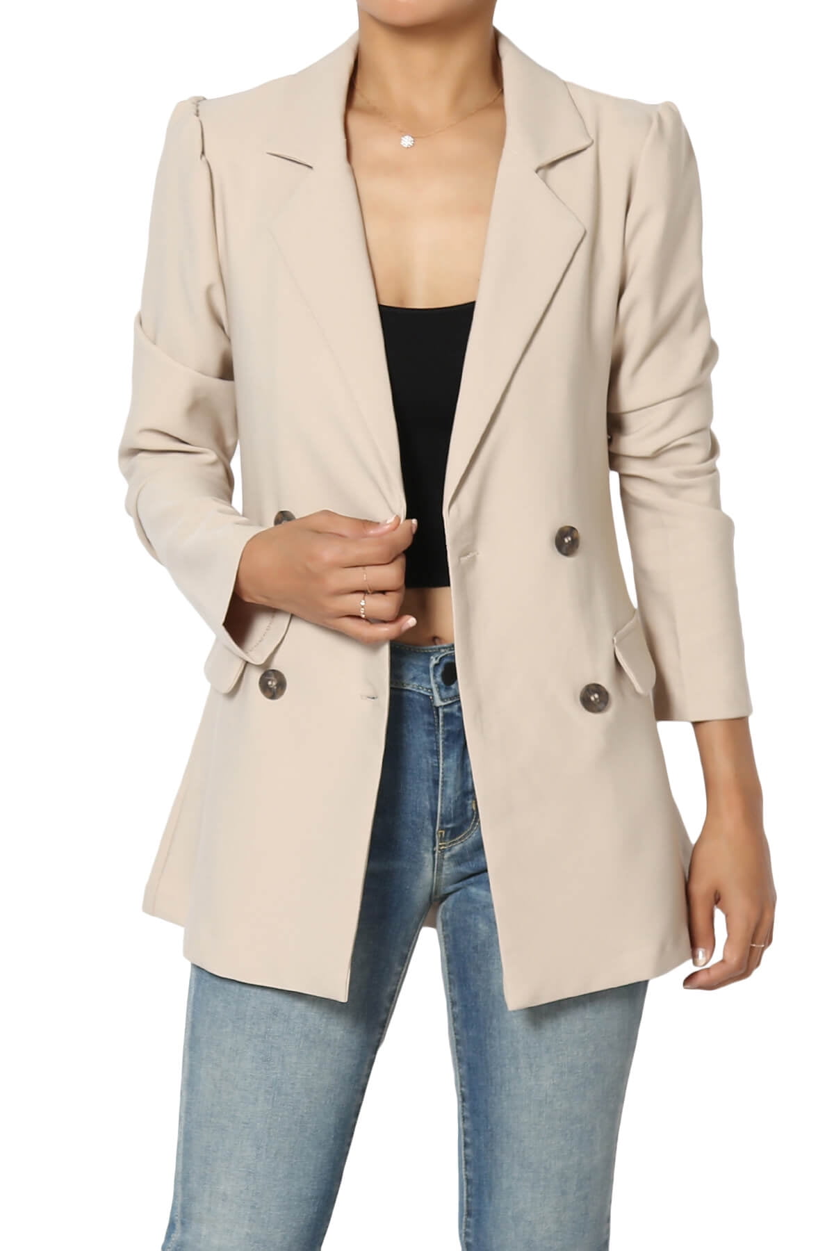 TheMogan Women's Puff Sleeve Double Breasted Stretch Crepe Blazer ...