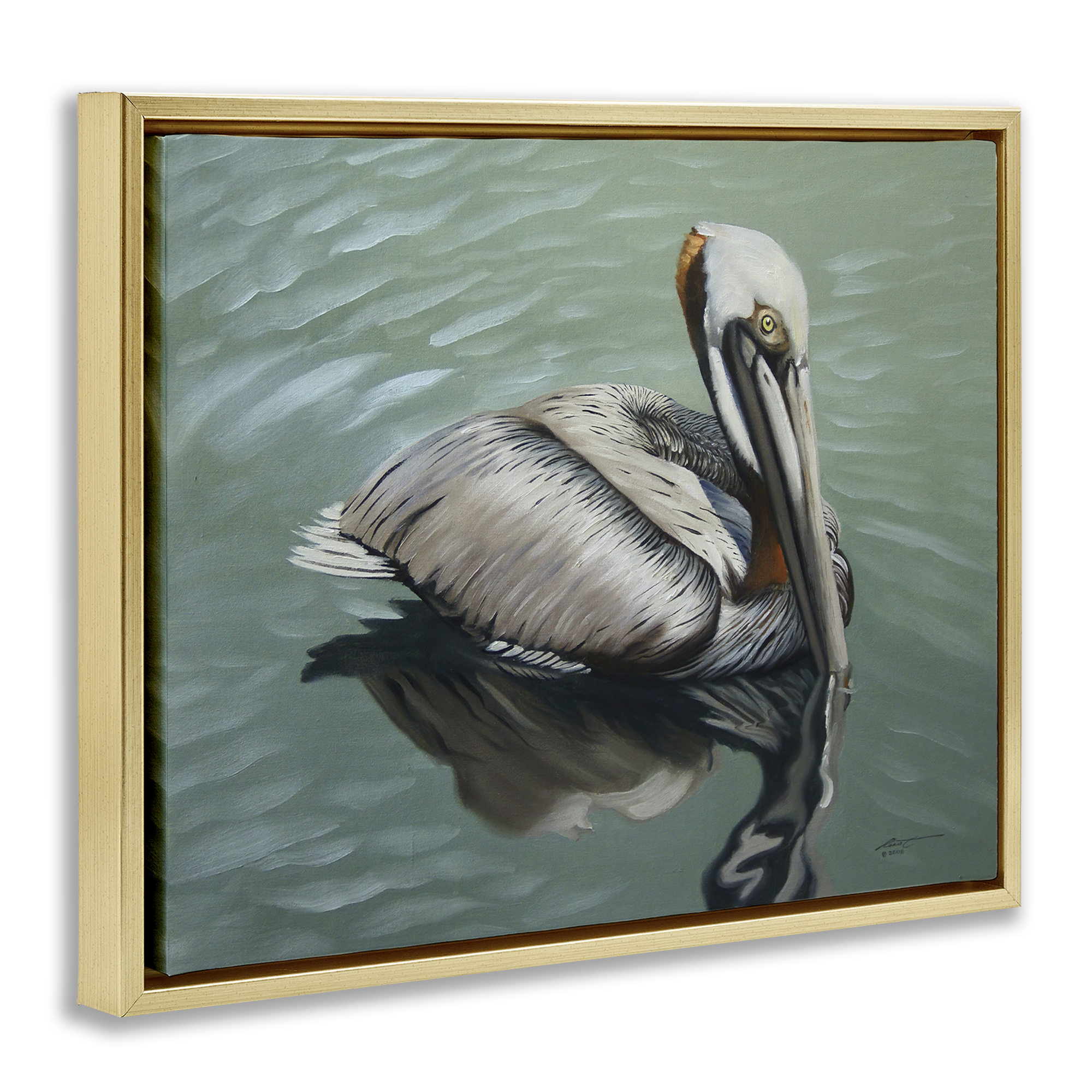 Stupell Industries Pelican Lake Reflection Animals & Insects Painting Gold Floater Framed Canvas Art Print Wall Art, 21 x 17