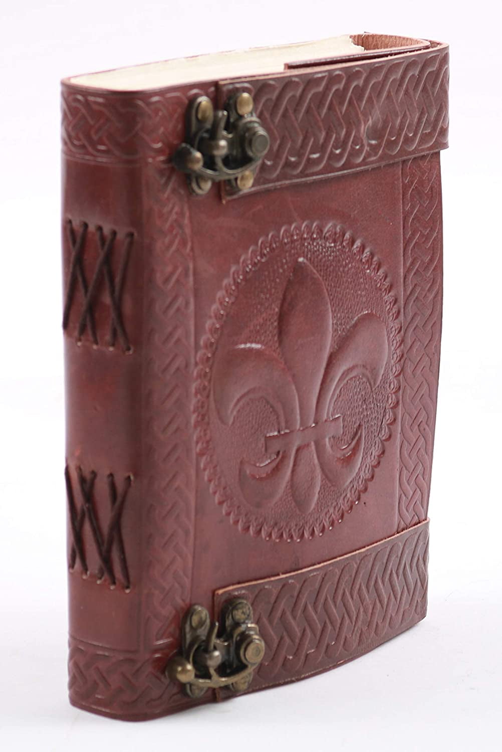Mythrojan Handmade Leather Journal with Fleur Embossed Design – Vintage Antique Leather Bound Diary for Men, Women, Travelers & DnD Fantasy