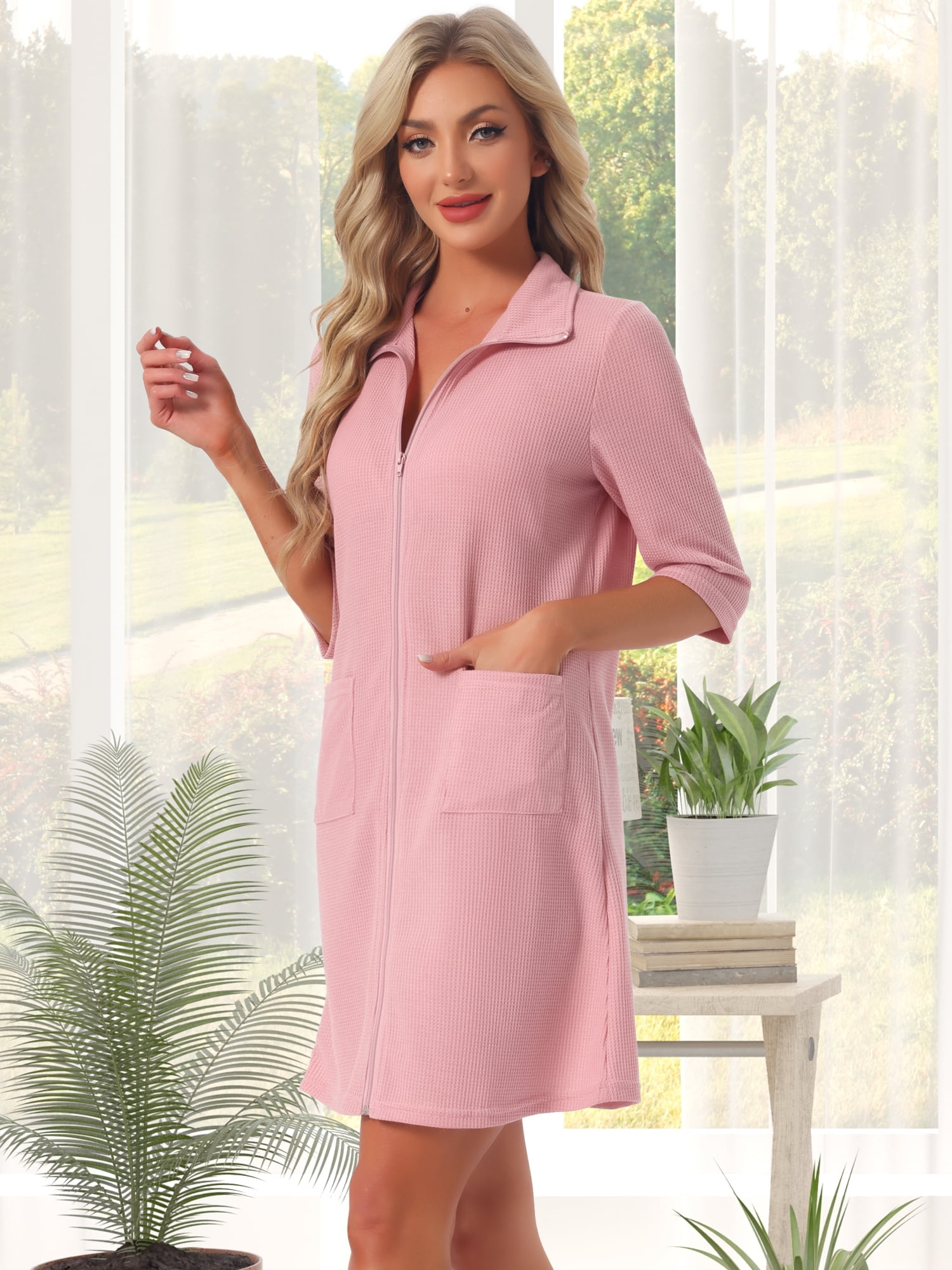 DARING DIVA Women's Zipper Robes Waffle 3/4 Sleeves Bathrobe House Coat XS Pink