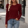 thumbnail image 4 of Staron Fall Winter Sweaters for Women Casual Pullover Ribbed Puff Sleeve Round Neck Long Sleeve Solid Slim Knitted Tops, Wine M, 4 of 7
