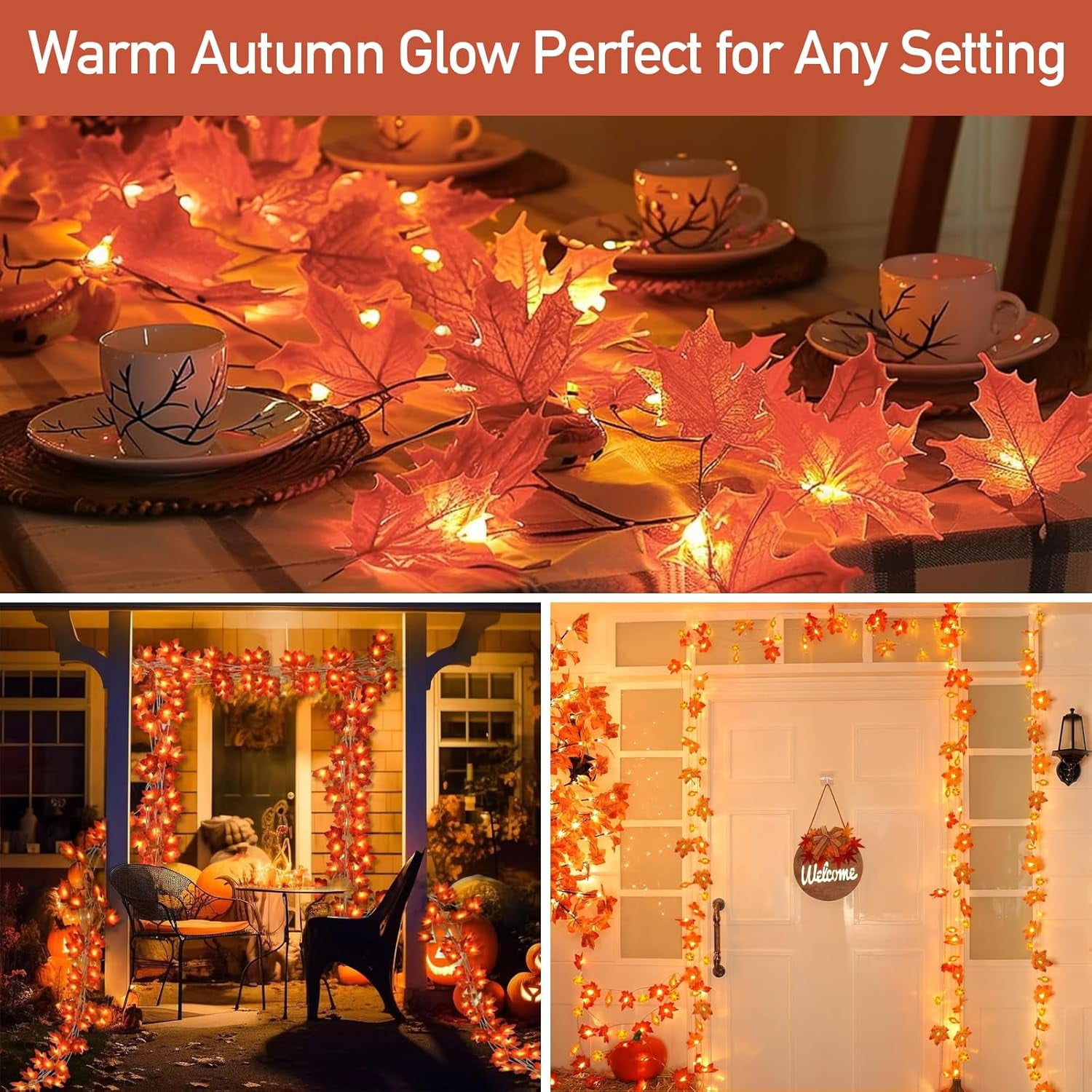 4 Packs Fall Decor Maple Leaves String Lights, Waterproof Total 40Ft 80 LED, Battery Operated String Light for Home Mantel Porch Door Indoor Outdoor Halloween Thanksgiving Decor Christmas Decorations