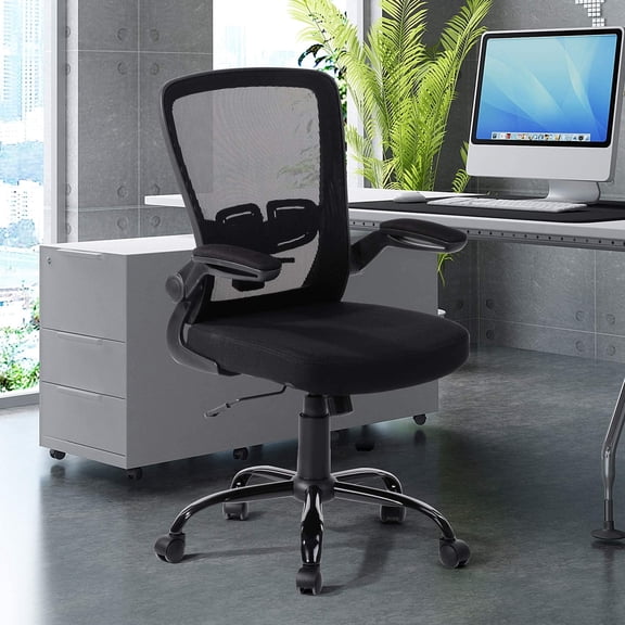 UNICOO® Mid Back Mesh Computer Chair, Office Task Desk Chair, Swivel Home Comfort Chairs with Padded Flip-up Armrests and Adjustable Lumbar Support (RY-N-01-Black)
