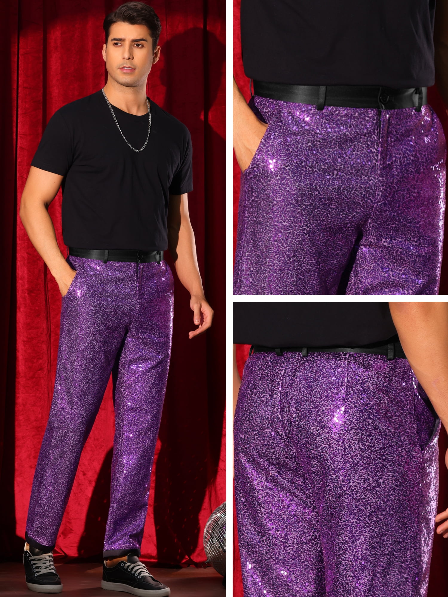DARING DIVA Men's Shiny Sequin Pants with Straight Leg Design Pants 32 Purple