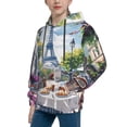thumbnail image 2 of Balery Parisian Cafe With Eiffel Pattern Boys Hoodie, Youth Pullover Hooded Sweatshirt, Kangaroo Pocket Hoodie for Kids Girls -, 2 of 6