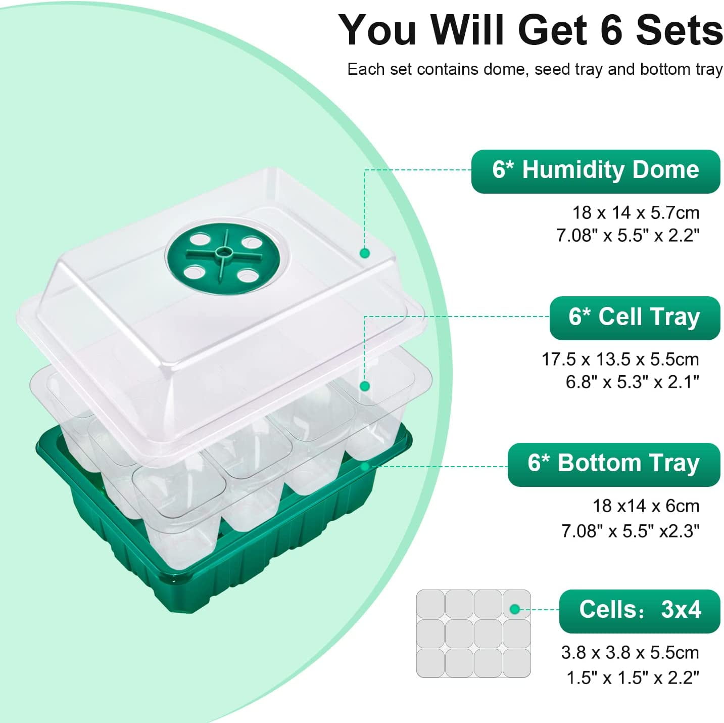 6-Pack Seed Starter Tray with Heat Mat(12 Cells per Tray), Plant Germination Trays with Adjustable Humidity Dome Seed Trays Seedling Starter with Base Trays for Germination