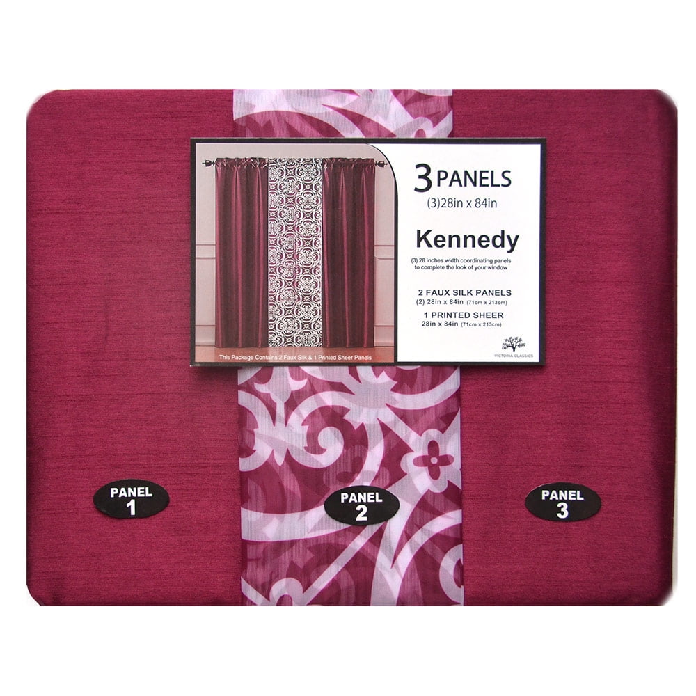 3 Piece Pole Top Window Curtain Set for Living Rooms: 2 Faux Silk Panels, 1 Printed Sheer Panel (Red)