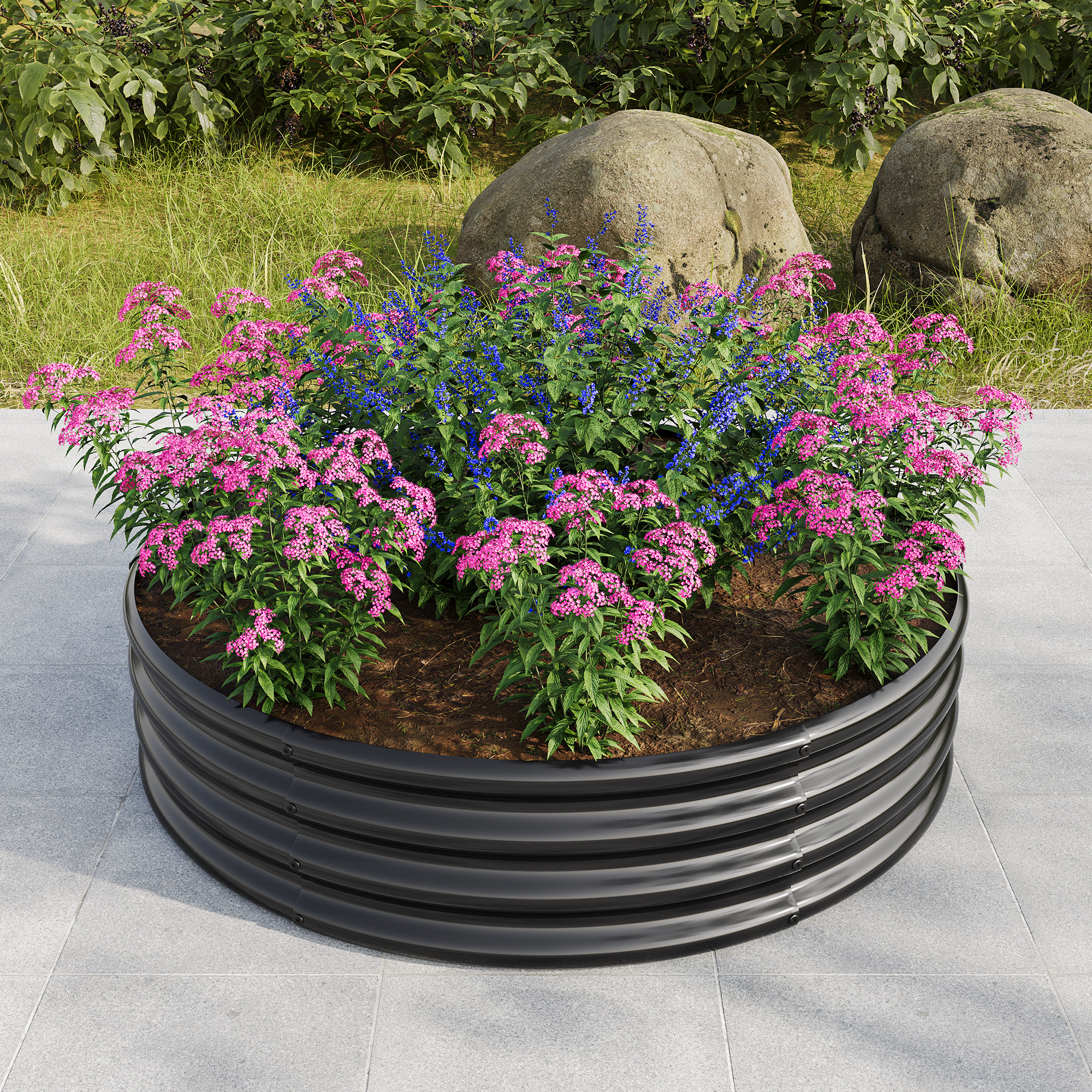 Galvanized Metal Planter Box, 2PCS 47.24"x11.4" Tall Round Outdoor Raised Garden Bed, Black Backyard Patio Planter Raised Beds for Flower, Herbs, Fruits