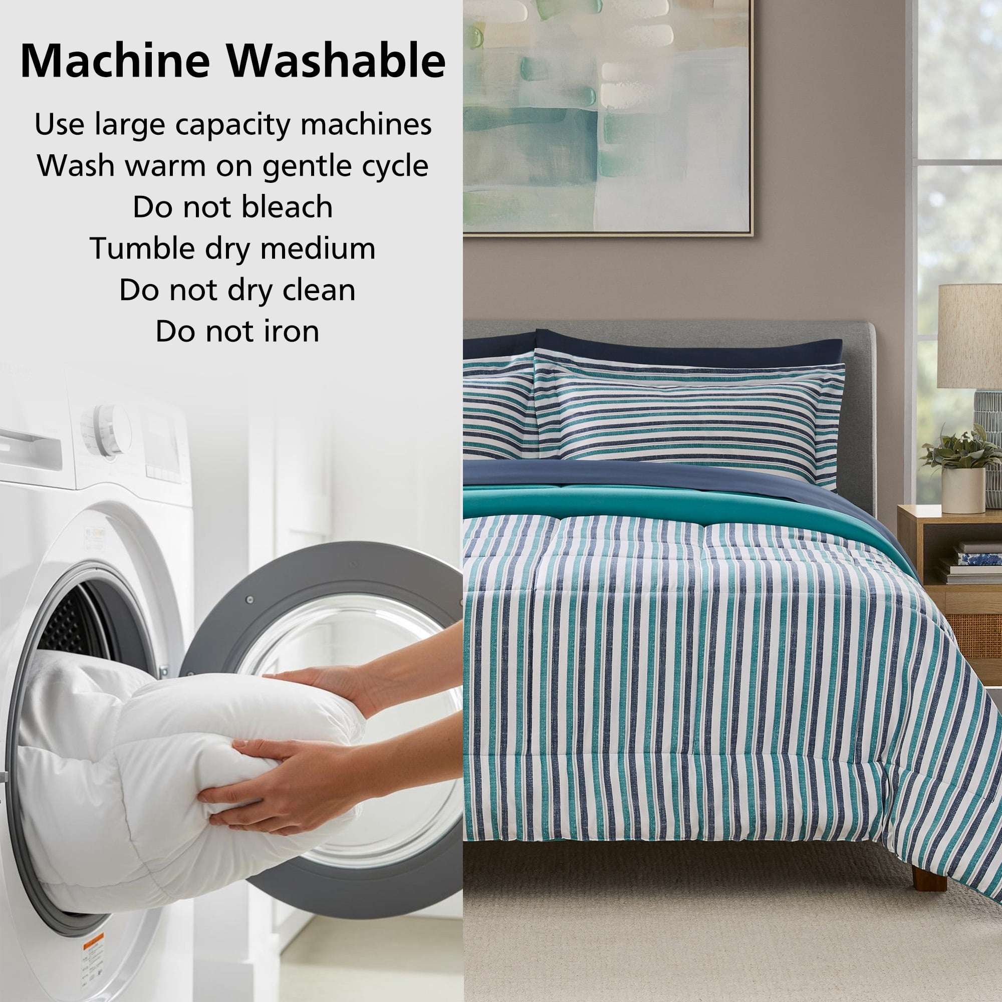Mainstays All in One Reversible Comforter and Sheet set- 7 Piece, Full, Blue Pinstripe