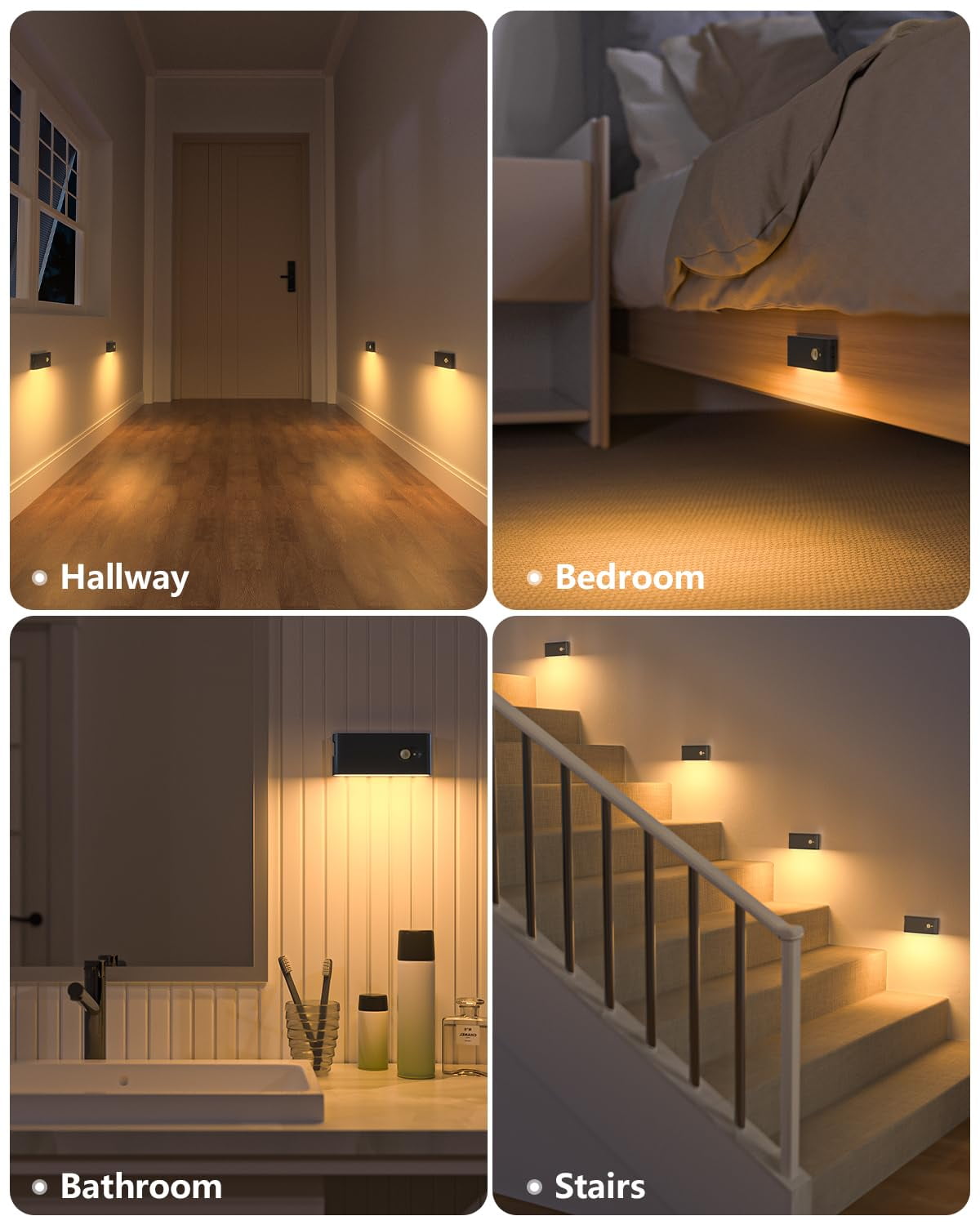 WILLED Stair Lights Indoor, Rechargeable Motion Sensor Night Lights, Battery Operated, Warm White, Wireless Stick on Light for Hallway Entry Stairs Bathroom Kitchen Garage Laundry, 3 Pack