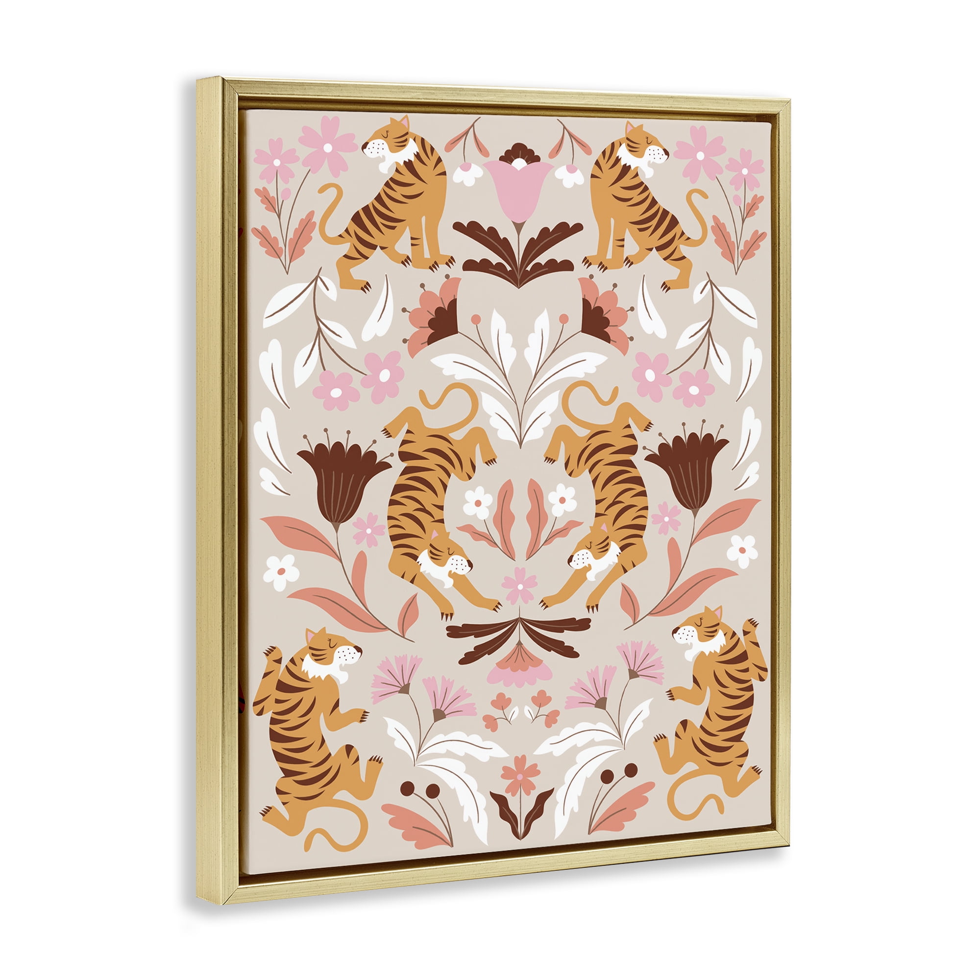 Stupell Industries Mirrored Boho Tigers Animals Painting Gold Floater Framed Canvas Art Print Wall Art, 25 x 31