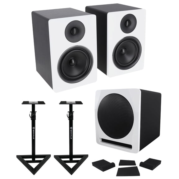 Rockville APM6W Bundle: 6.5" 2-Way 350-Watt Powered USB Studio Monitors, APM10W 10" 400-Watt Powered/Active Studio Subwoofer, RVSM1 Monitor Stands, RRS190S Foam Studio Monitor Isolation Pads, 5-items