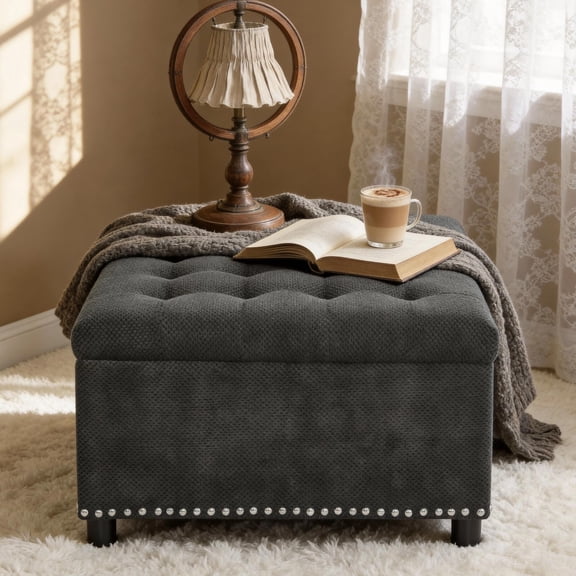 30" Square Ottoman with Storage, Large Ottoman Foot Rest Stool, Linen | Tufted Top and Nailhead Trim for Living Room, Bedroom, Entryway, Dark Gray