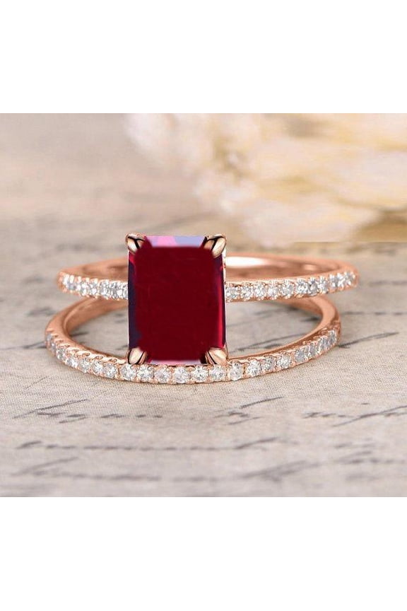 2 Carat Ruby in 7x5mm Emerald Cut and Moissanite Diamond Engagement Bridal Wedding Ring Set in 10k Rose Gold