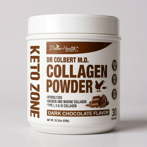 Divine Health Hydrolyzed Collagen Powder | Chocolate Flavor | Type I, II, III Chicken & Marine Collagen Peptides | Recommended in Dr. Colbert's Keto Zone Diet | Book Hair, Skin and Nails Powder