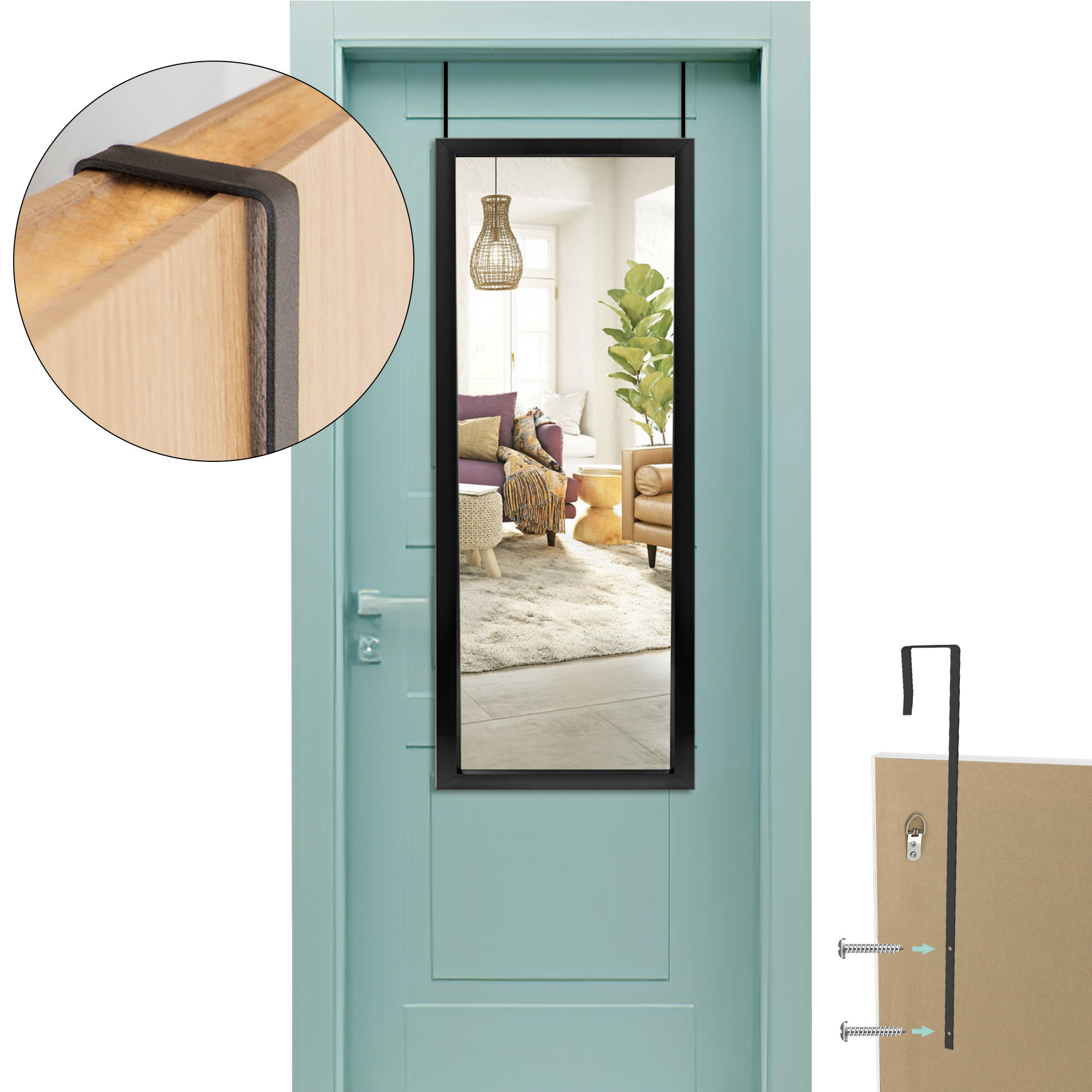 43"*18" Full Length Over the Door Mirror Rectangle Hanging Mirror for Bedroom Living room Black