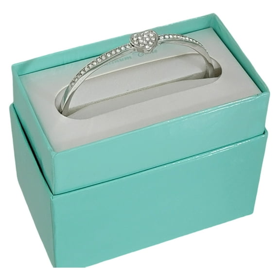 Heart Bangle Bracelet Crystal Accents Silver Tone Adult Women Female Gift Boxed
