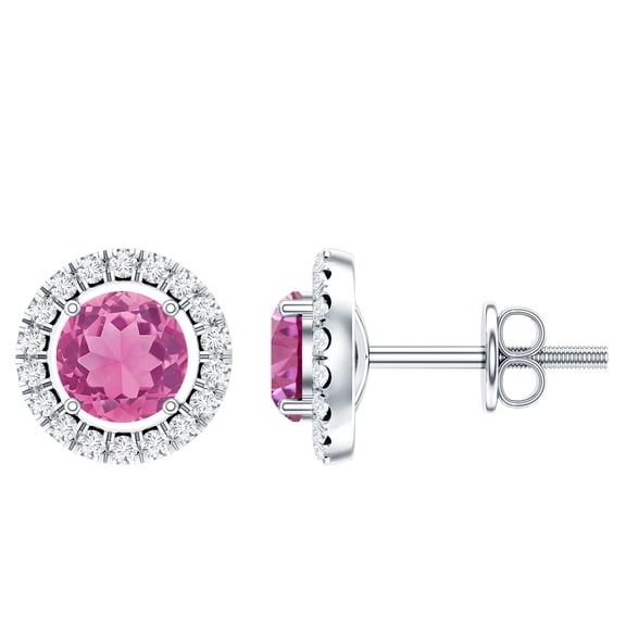 Rosec Jewels Natural Pink Tourmaline Stud Earrings for Women - AAA Grade - Pink Tourmaline Diamond Earrings - with Jewelry Box, 925 Sterling Silver