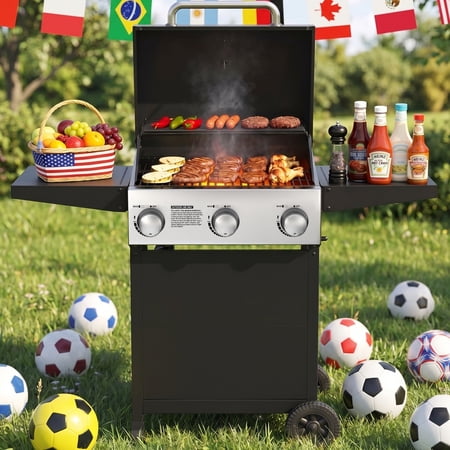 Veralune 3 Burner Gas Grill, Outdoor Propane Grill with Wheels, 445 SQ. IN | Garden Barbecue Grill, 36000 BTU, Folding Side Tables, Cast Iron Cooking Grates for Patio, Camping, Outdoor Cooking