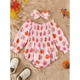 thumbnail image 3 of Suealasg Newborn Baby Girl Halloween Outfit Pumpkin Long Sleeve Print Romper Smocked Bodysuit +Headband Set Infant Girls 2Pcs Fall Clothes, 3 of 8