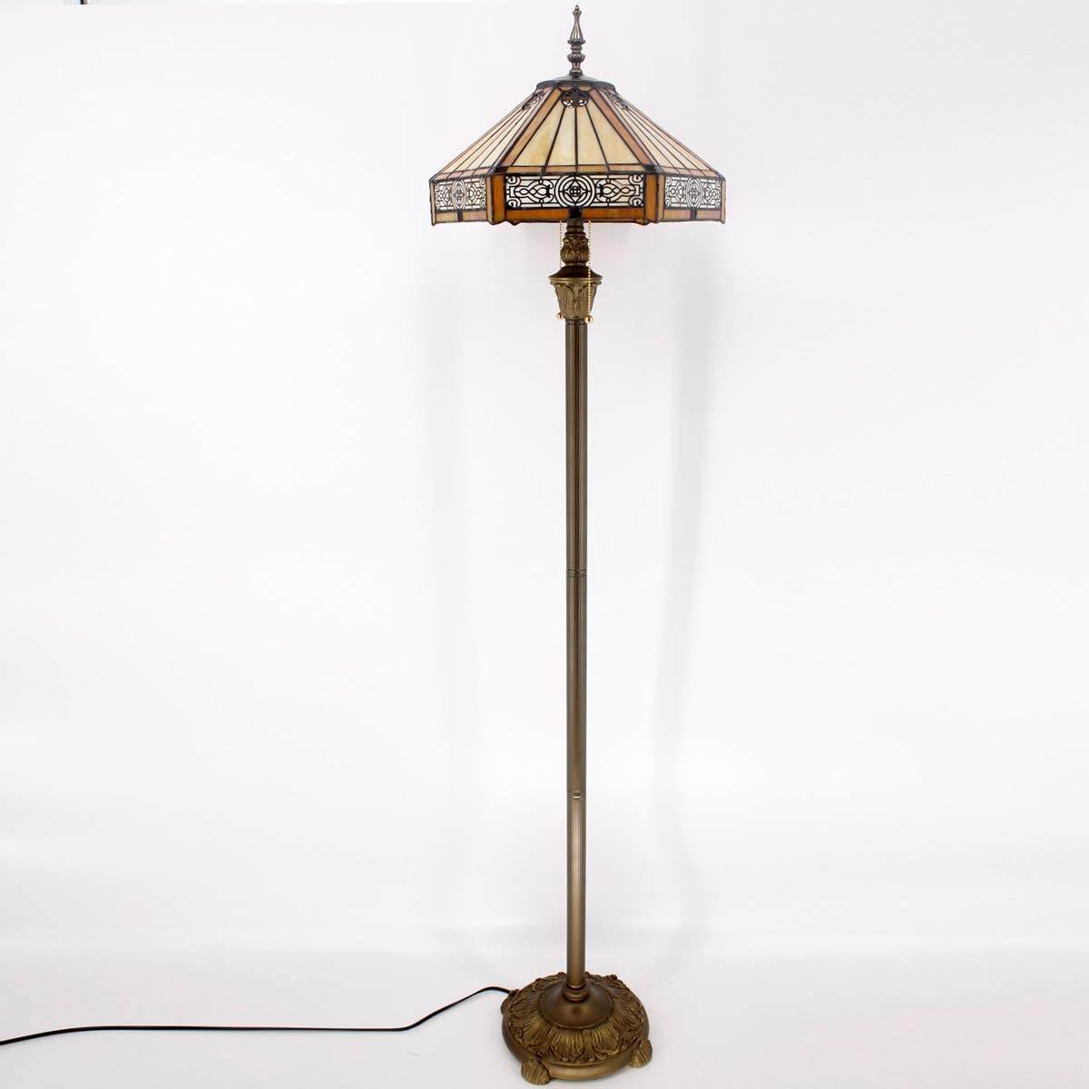 Tiffany Floor Lamp W16H64 Inch Yellow Stained Glass Hexagon Mission Style Shade Antique Standing Read Lighting Resin Base 2E26 S011 LAMPS Lover Gift Bedroom Living Room Bedside Coffee Table