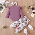 thumbnail image 4 of Mikrdoo Baby Girls Outfits 0 Months Baby Girls Letter Print 3 Months Baby Girls Romper Top Floral Print Pants Headband 3Pcs Winter Clothes Set,Purple, 4 of 9