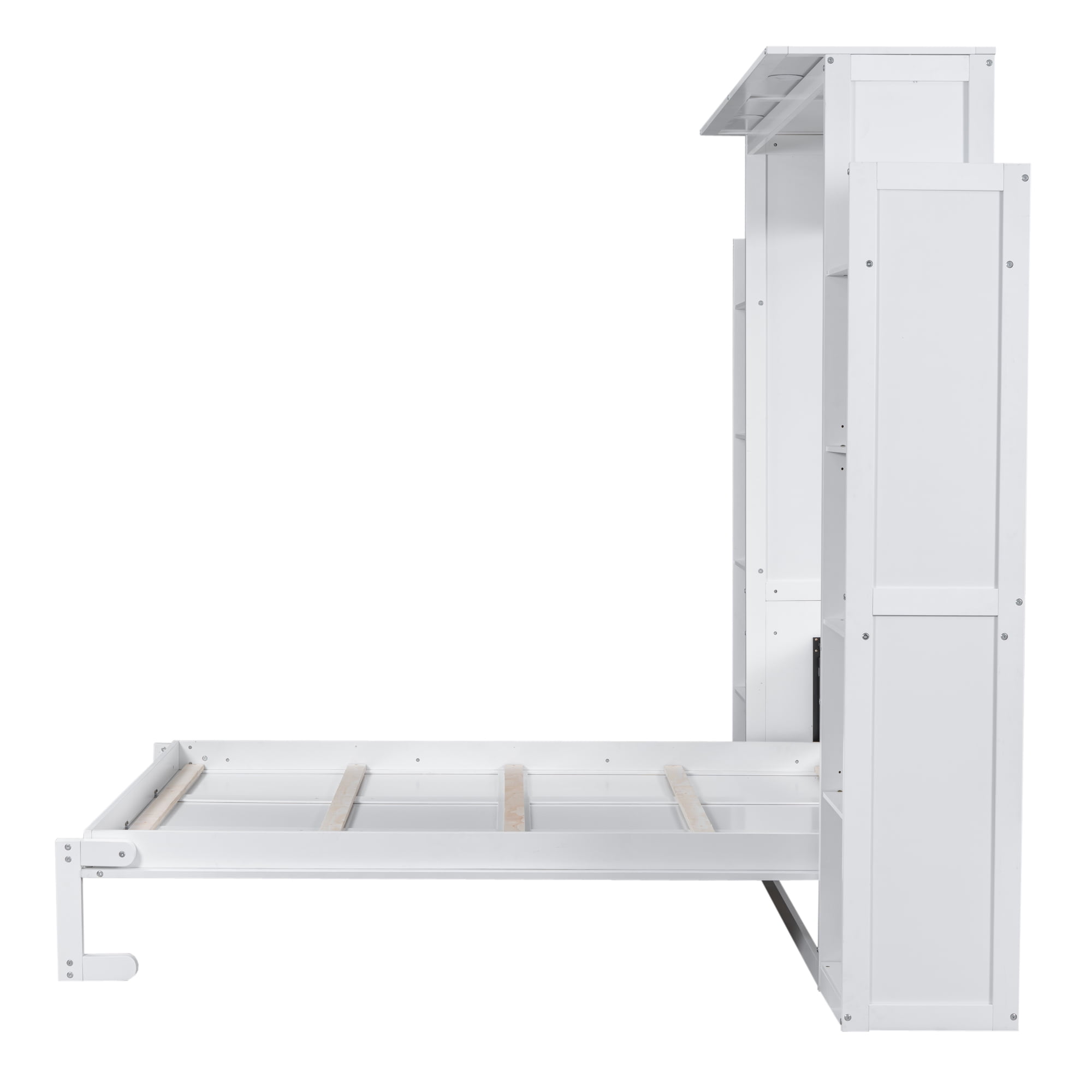 Mintazer Queen Size Murphy Bed with Side Bookcases & LED Lights, Folding Wall Cabinet Bed with Storage for Guest Room Home Office Apartment, Grey