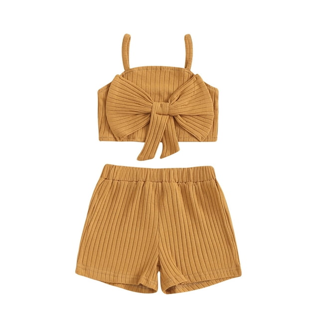 Gupgi 2Pcs Toddler Girl Summer Ribbed Clothes Baby Solid Bowknot Sleeveless Tank Tops Elastic Waist Shorts