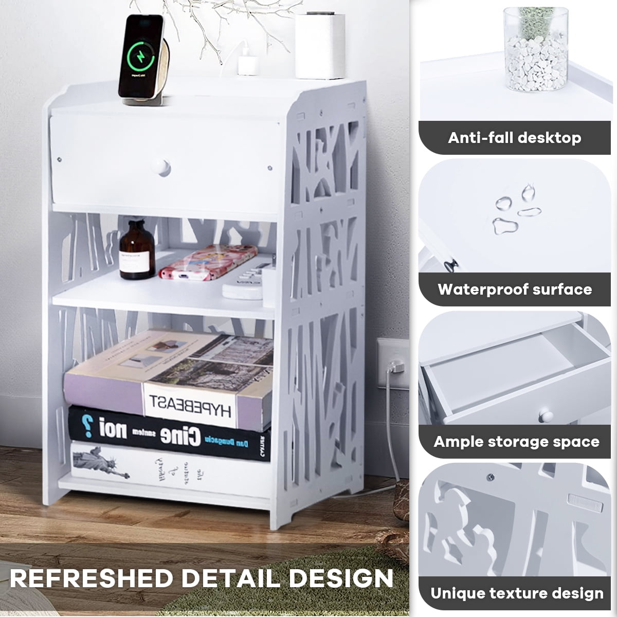 ZPL Modern White Nightstand with Drawer, 11.8”L x 11.8”W x 20”H, Multipurpose Storage