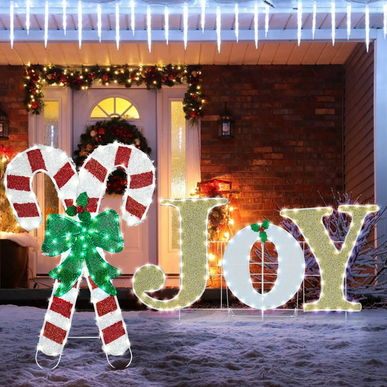 Christmas LED Light,JOY Candy Tinsel Yard Light Decorations Prelit Lights,Red Peppermint Candy Lawn Stake Signs LED JOY Yard Sign Lawn Outdoor Patio Sign for Garden Christmas Decor