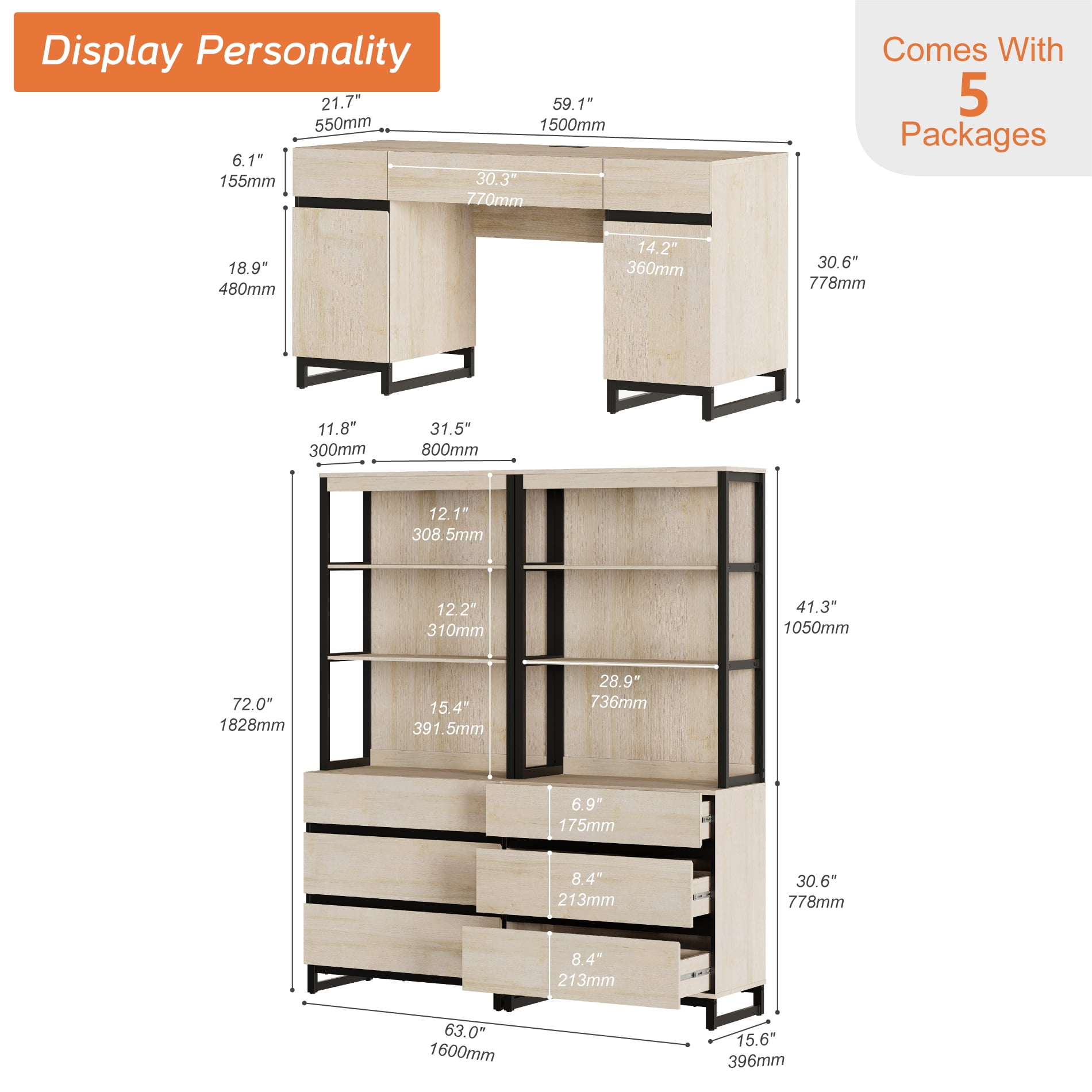 WAMPAT Home Office Furniture Set: 59" Executive Desk with Charging Station and Storage Cabinet, 72" Tall Bookcase with 6 Drawers, Modern Computer Desk and Library Shelf for Work Study, Beige