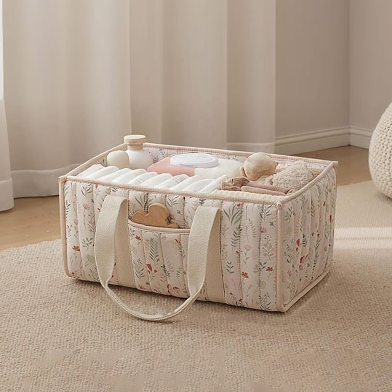 HUISZJ Floral Diaper Caddy Organizer, Stylish Nursery Storage Basket with Handle, Reusable Storage Bag for Newborn Work Travel Outdoor (Beige)
