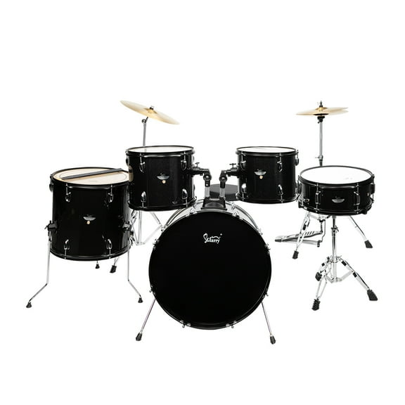 Full Size Adult Drum Set 5-Piece Black with Bass Drum, two Tom Drum, Snare Drum, Floor Tom, 16" Ride Cymbal, 14" Hi-hat Cymbals, Stool, Drum Pedal, Sticks