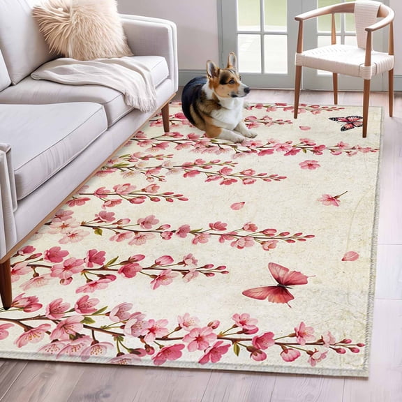 Butterfly Flower Area Rugs 2.7'x5', Washable Small Throw Rugs for Kitchen Bedroom, Farmhouse Vintage Country Pink Floral Indoor Outdoor Rug Non-Slip Low Pile Carpet Runner Reversible Floor Mats