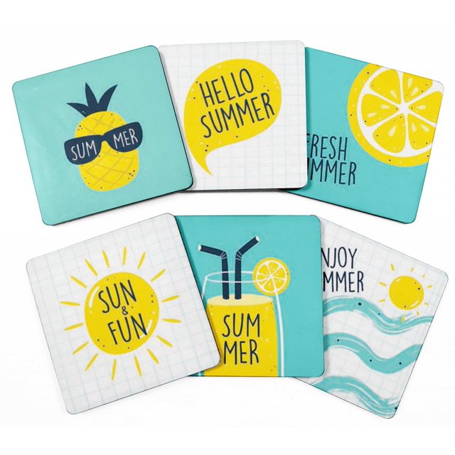 Inkdotpot Set of 6 Drink Coasters DecorativeNon,SlipCork Base4-inch Square PrintedCoastersEasy Clean- Summer