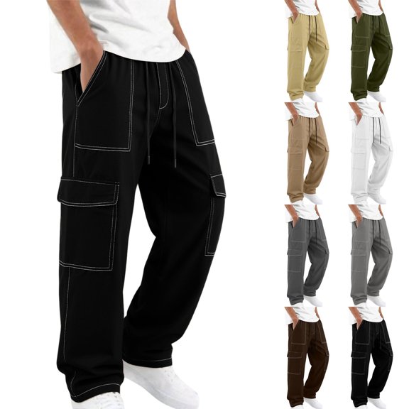 Men Contrast Stitch Cargo Pants Sevevn Elastic Drawstring Waist Multi Layer Side Pockets Straight Leg Lightweight Daily Work Casual Trousers