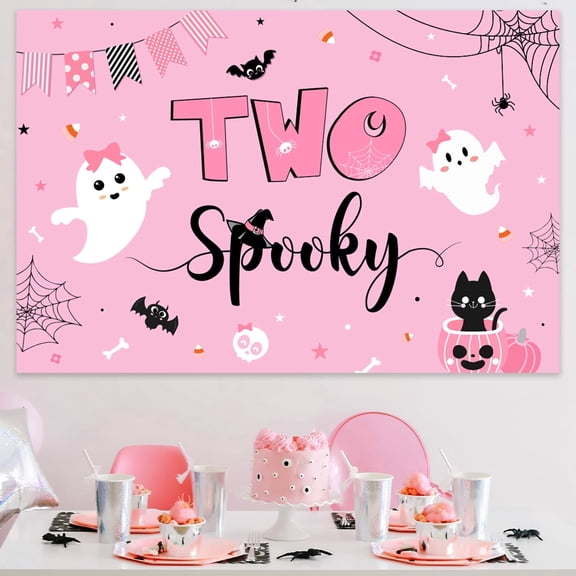 Halloween 2nd Birthday Backdrop Pink and Black Party Decoration Cloth 4.9 x 3.3 ft Vinyl Background with Grommets and 19.7 ft Ribbon for Indoor Outdoor Celebration Setup