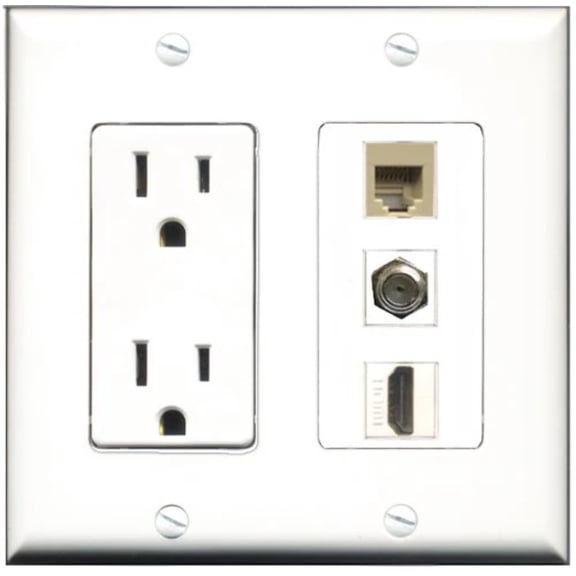 RiteAV - 15 Amp Power Outlet 1 Port HDMI 1 Port Coax 1 Port Phone Beige Decorative Wall Plate