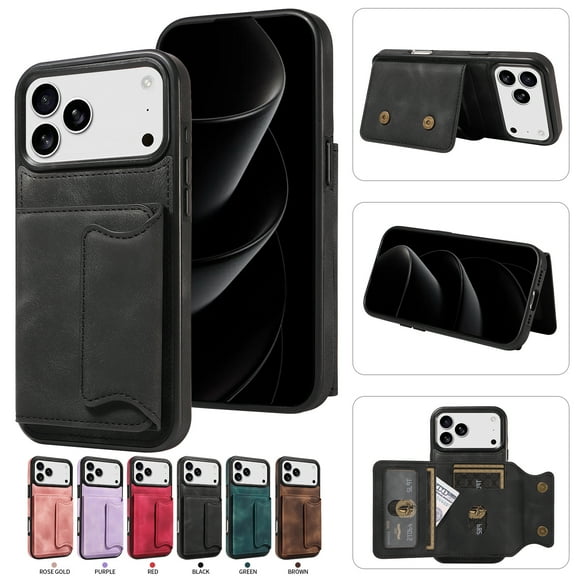 Case for iPhone 17 Pro, Premium PU Leather TPU Protective Back Cover with Card Slots Finger Ring Kickstand Magnetic Closure Shockproof Drop Protective for iPhone 17 Pro, Black