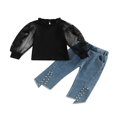 thumbnail image 1 of PENGXIANG Kid Automne Ensemble Manches Longues Fleur Patchwork T-shirt avec Jean Slit Perle, 1 of 6