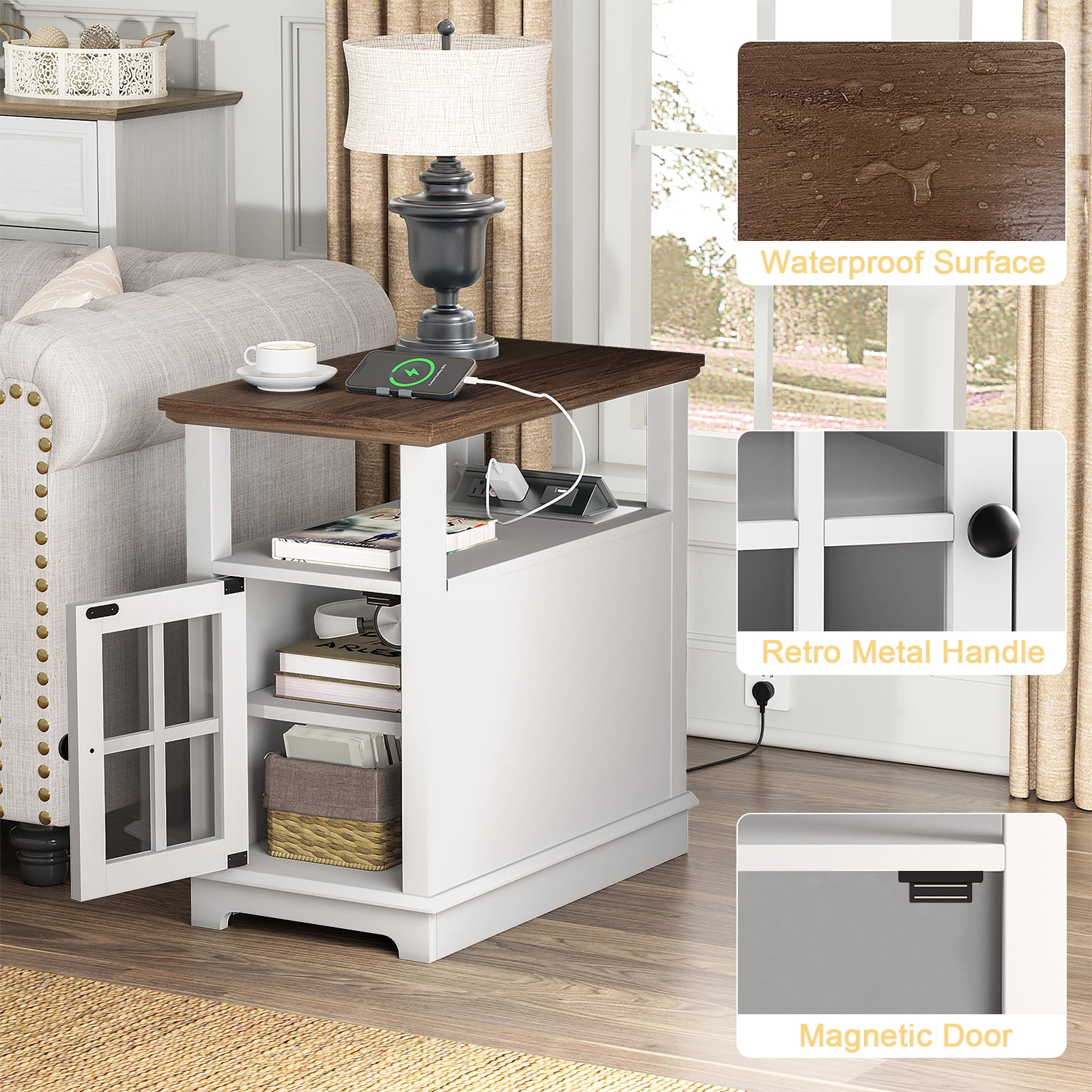 FAGAGA End Tables with Charging Station for Living Room, Wooden Nightstand for Bedroom, White