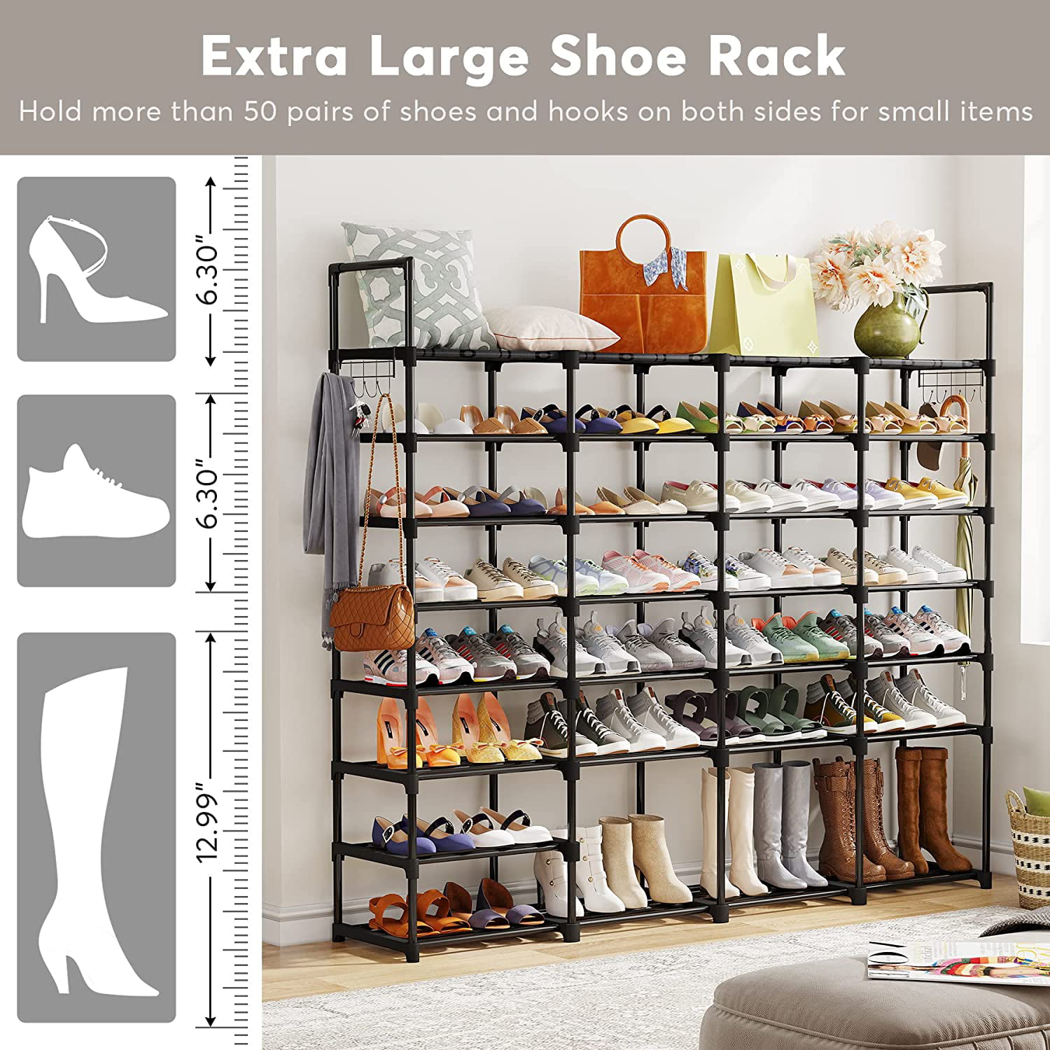 GoDecor Tall Shoe Rack Organizer, Garage Shoe Shelf Large Capacity, Large  Shoe Rack with 3 Rows & Hooks, Storage Boot Rack Shelf 50-55 Pairs Black
