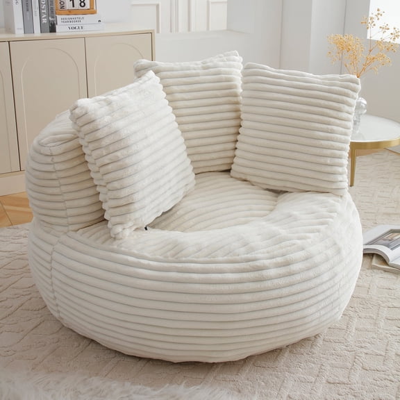 MDQMD 45"Oversized Bean Bag Chair Round with Armrests Corduroy Fabric 3 Pillows Comfy Lazy Sofa for Adults Giant Bean Bag Chair for Living Room Bedroom Gaming Reading Nook White