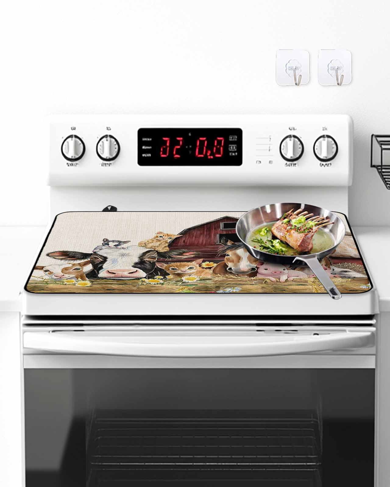Farm Stove Top Covers for Electric Stove, 28'x20'' Barn Horse Sheep Cat Animal Country Retro Linen Background Glass Ceramic Stove Cover Foldable Rubber Mat Cooktop Protector for Kitchen