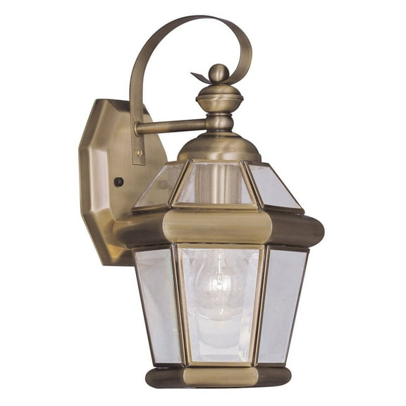 7 inch 1 Light Antique Brass Outdoor Wall Lantern Pendant Lighting Fixture with Clear Glass Panel Shade backed with Hand Crafted Solid Brass material for patio, front porch, entryway and more