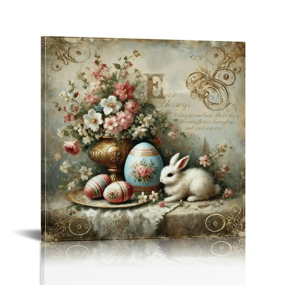 Vintage Easter Bunny Egg Print Wall Art, Lovely Rabbit Picture Posters Wrapped Canvas Wall Decor Artwork Painting for Bedroom, Living Room,Bathroom, Office Classic Home Decor Easter Gifts