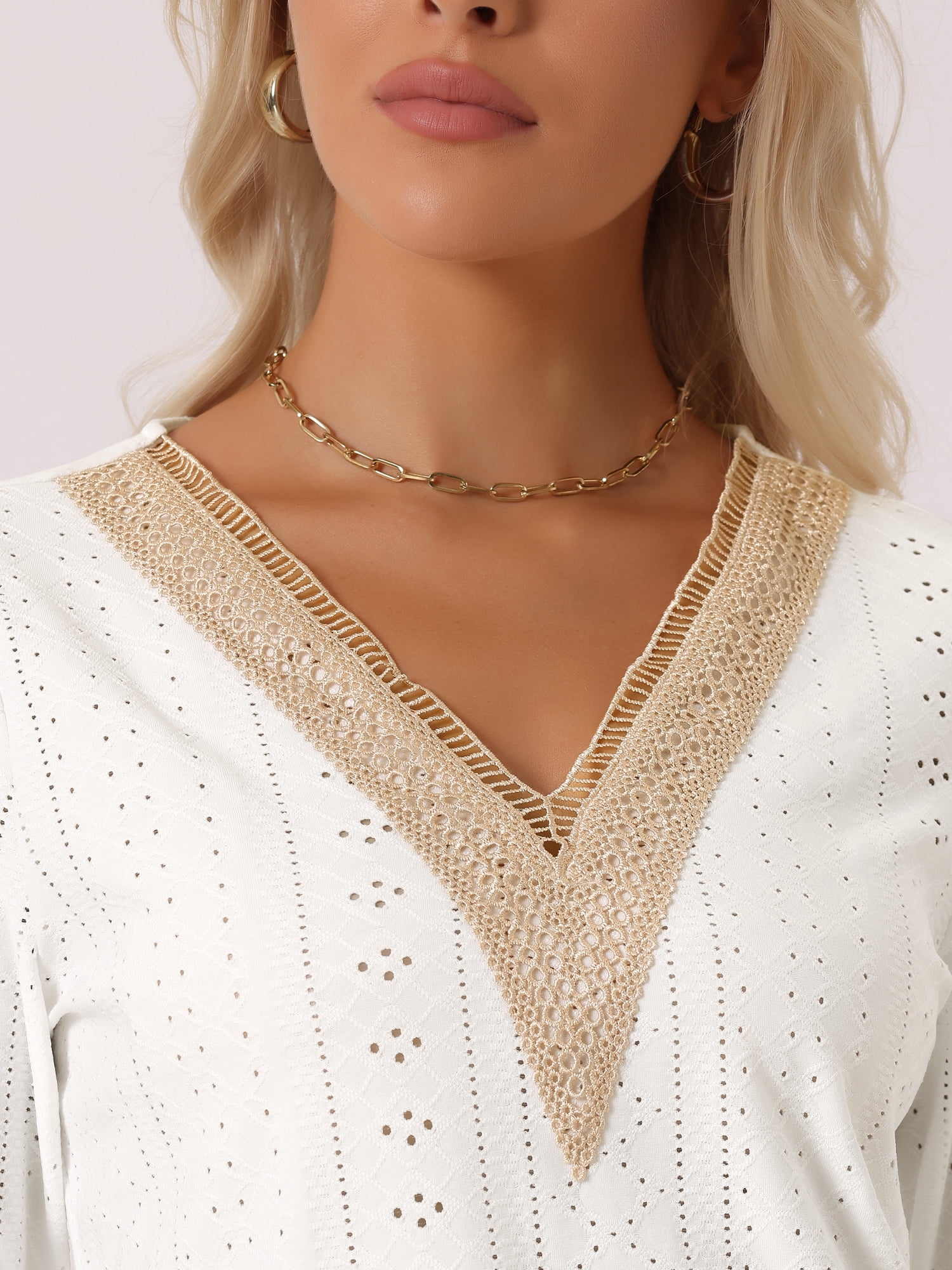 DARING DIVA Women's 3/4 Sleeve Tops Hollow Color Block Boho Shirts L White