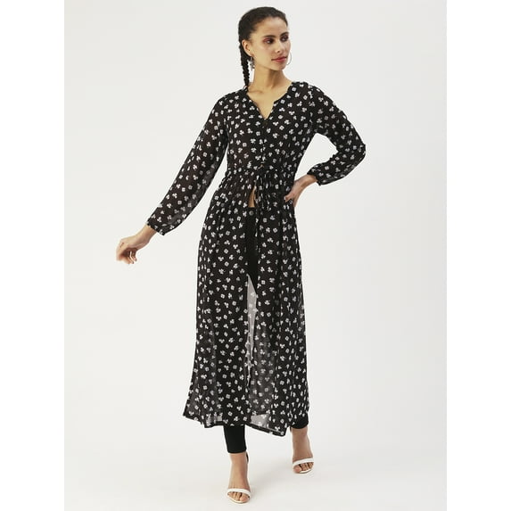 DressBerry Women’s Printed Poly Georgette Top Long Sleeves with Elasticated Cuffs Round Neck Front Open Slit with Tie-up Strings Casual Long Top