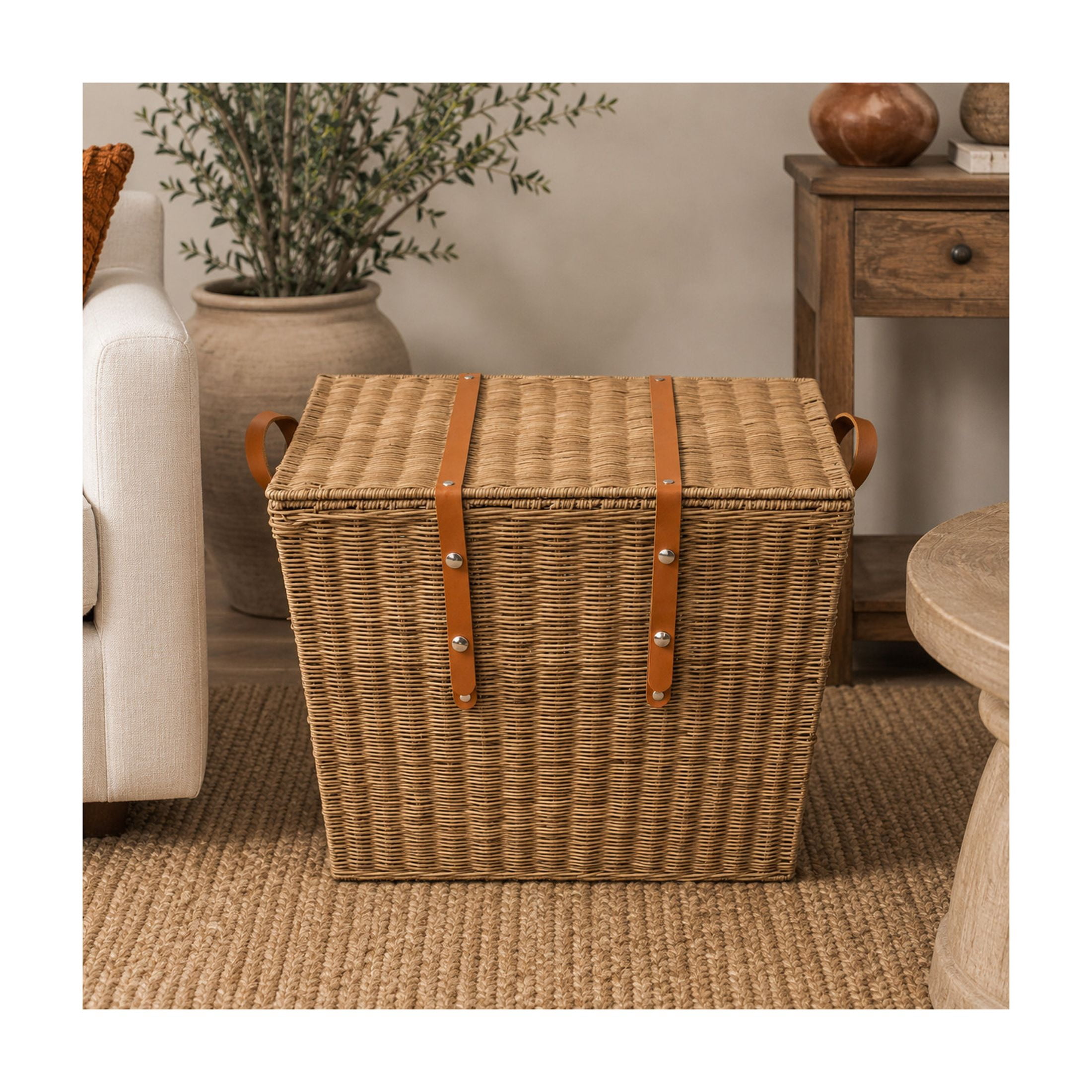 DecMode 20" x 21" Brown Rattan Handmade Woven Storage Basket with Leather Handles, 1-Piece