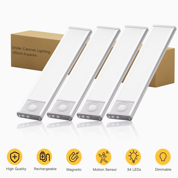 DAYBETTER 34 Luces LED Debajo Del Gabinete, kit de Iluminación de Armario Recargable por USB con Sensor de Movimiento y Tira Magnética para Armario, Iluminación Inalámbrica de Cocina, Paquete de 4